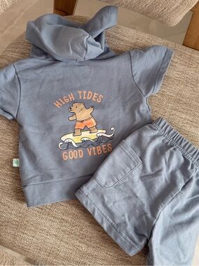Kids Matching Set - High Tides Good Vibes Hoodie & Shorts in Light Blue